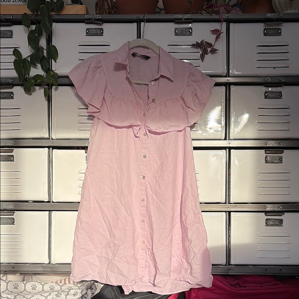 Pink Ruffled Button-Up Dress